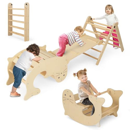 HONEY JOY 7 in 1 Climbing Toys for Toddlers, Wood Triangle Climber w/Ramp for Sliding or Climbing, Rocker, Foldable Montessori Triangle Climbing Arch Set for Daycare, Gym & Playground, Natural - style: 7 In 1 Natural