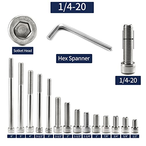 1/4-20 x 3/4" Socket Head Cap Screws Bolts, 20Pcs 304 Stainless Steel 18-8, Allen Socket Hex Drive, Full Thread, Bright Finish by SG TZH(with Hex Spanner) - size: 1/4-20 x 3/4"
