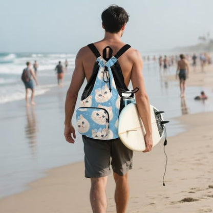 GuoChe Drawstring Backpacks Gym Swim Bag With Inside Pockets Pull String Bag Waterproof Cute Cats Faces - color: Cute Cats Faces