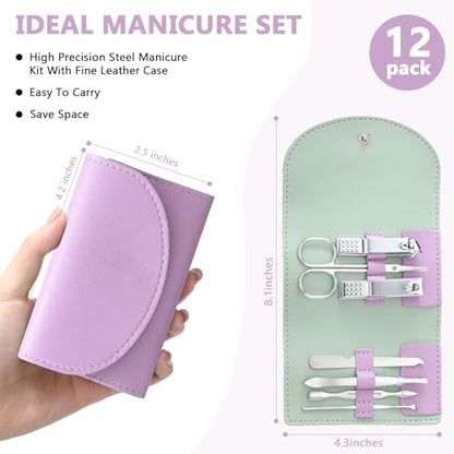 12 Set Manicure Set Bulk Mini Manicure Nail Clipper Kit 7 in 1 Stainless Steel Professional Nail Care Pedicure with Travel Portable Bag Grooming Kits for Women Men Home(Purple) - color: Purple