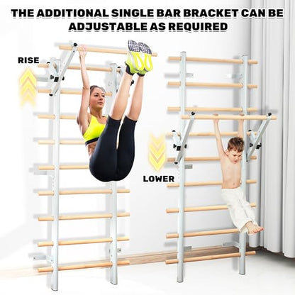 Stall Bars, Swedish Ladder for Adult and Kids, Wall Bar with Solid Beech Wood Rods, Durable Steel Frame, Adjustable Pull Up and Dip for Strength, Flexibility at Home Gym, Studio - color: Silver-gray