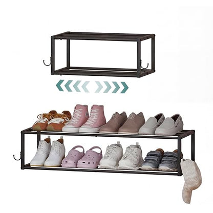 2 Pack Wall Mounted Shoe Rack, Expandable 16-29" with 4 Hooks | 2-Tier Metal Adjustable Hanging Shoe Rack Organizer Holds 16 Pairs for Entryway, Closet, Bedroom, Garage or Small Spaces - size: 29.72" W x 11" L x 7.68" H