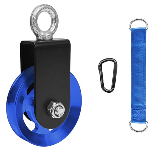 LFJ Aluminum Alloy Cable Pulley with Swing Strap Carabiner, 90mm Pulley Wheel for LAT System DIY Pull Down Attachment,Ladder Lift,Home Gym Equipment (Aluminum Alloy, Blue)