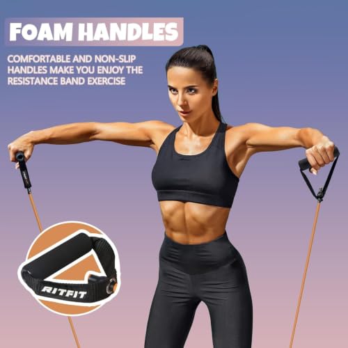RitFit Single Resistance Exercise Band with Comfortable Handles - Ideal for Physical Therapy, Strength Training, Muscle Toning - Foam Padding Door Anchor and Starter Guide Included - size: 15-20lbs