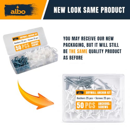 ALBO Drywall Anchor Kit Hollow Wall with Screws 50 pcs. (White Anchor 25pcs + Screws 25pcs) Plastic Hollow Wall Drilling Anchors - color: White 25pcs