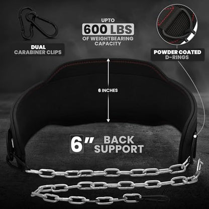 RDX Dip Belt for Weight Lifting, Heavy Duty 36 Inch Adjustable Steel Chain, Dipping Belt Chin Pull Ups Gym Training Bodybuilding Powerlifting Fitness Workout, 6” Padded Neoprene Back Support Men Women - color: Black