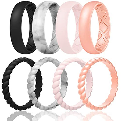 Egnaro Women's Stackable Silicone Rings, 2.5/5.5mm Wide 1.8/2mm Thick Bands | Comfort-Fit Rubber Bands Offer Breathable Flexibility for Nurses, Workouts, Pregnancy, Yoga, Travel, Office, and All-Day Wear - color: A35-Black, Marble, Whitepink, Rose Gold