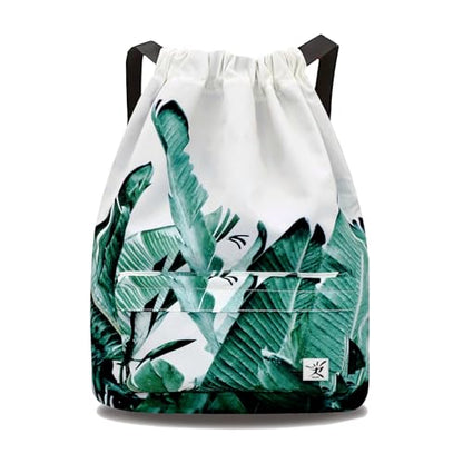 Waterproof Drawstring Bag, Gym Bag Sackpack Sports Beach Backpack for Men Women - color: 06-white Bnana Leaves