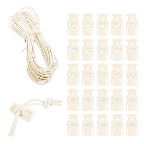 Mandala Crafts Cream Shock Cord & Cord Locks for Elastic Drawstrings | 10 YDs Bungee String, 25 Spring Toggle Clips, End Stopper Clamps, for Shoelaces, Paracord, Jackets, Hoodies, Backpacks - color: Cream