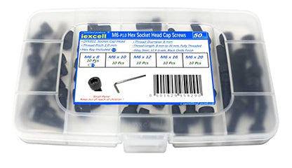iexcell 50 Pcs M6 x 8/10/12/16/20 Alloy Steel 12.9 Grade Hex Socket Head Cap Screws Bolts Assortment Kit, Black Oxide Finish - size: M6 x 8/10/12/16/20mm