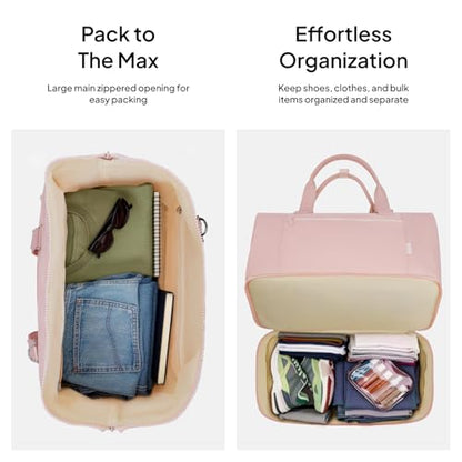 Travel Duffle Bag for Women, 40L Weekender Bags Airline Approved Carry On with Shoe Compartment & Waterproof Wet Pocket, Durable Nylon Weekender Overnight Bag for Travel, Gym, Business Trip, Pink - color: Pink