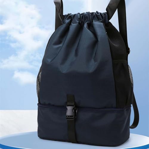 Water-Resistant Drawstring Gym Backpack Bag with Wet/Dry Separator Pocket（Dark Blue）
