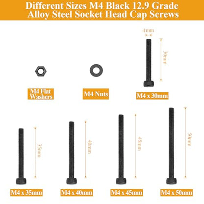 185 Pieces M4 x 30/35/40/45/50mm Hex Socket Head Cap Screws Nuts Washers Set Black, Sutemribor M4 Long Screws, M4 Black Screws Nuts Washers Assortment Kit, 12.9 Grade Alloy Steel, Fully Threaded - size: M4 x 30/35/40/45/50mm Kit, style: Socket Head