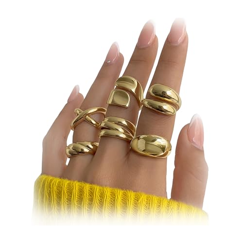 YEEZII Chunky Gold Rings for Women Non Tarnish, 18K Gold Plated Stackable Thumb Ring, Statement Women Rings Set - color: Gold