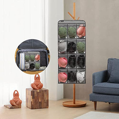 Dual Sided Hanging Shoe Organizer for Closet with Rotating Hanger Hanging Shoe Rack Holder with 24 Large Pockets (GREY-Clear Pockets) - color: GREY