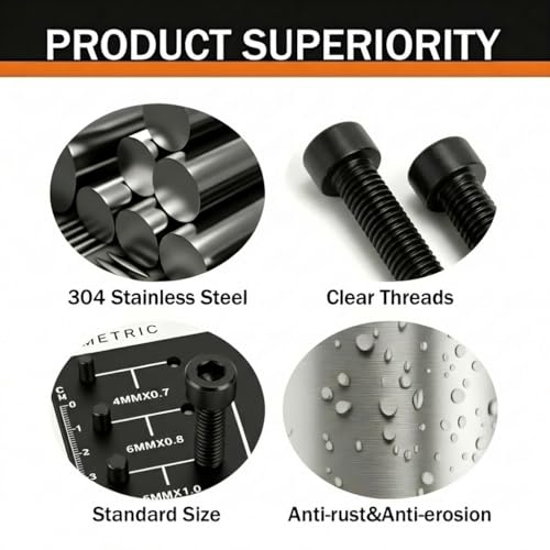 M5 x 8mm (50 Pack) Socket Head Cap Bolts with Hex Spanner, Black Oxide 304 Stainless Steel 18-8, Allen Socket Drive, Full Thread