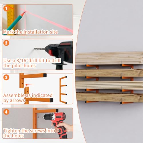 2-Pack Lumber Storage Rack, Wood Storage Racks Wall Mount, Heavy Duty Garage Wood Organizer With 4-Level System, Orange Utility Rack Organization Up 800 Lbs, Metal Lumber Shelf for Indoor and Outdoor - style: E– 2 Pack, 4-Tier