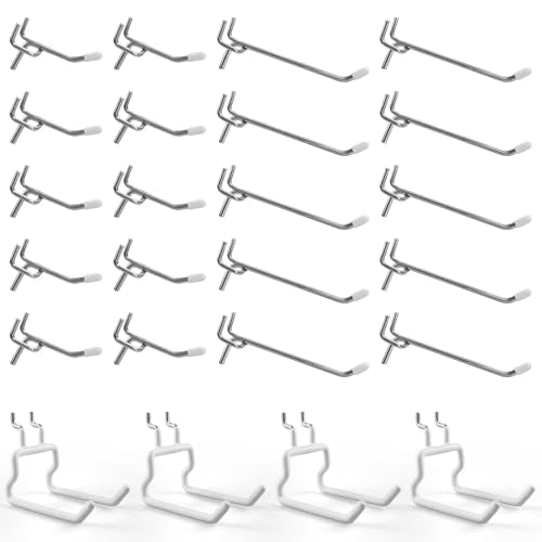 Pegboard Hooks 2" 4" Peg Board Steel Tool Hangers Brackets (24, Silver) | 1/4" Pegboard Accessories Organizers, Mixed 2 4 Inch Hooks Big Flat Racks, Metal Shelving Brackets for Craft Garage Workbench - color: Silver