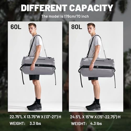 MIER Large Waterproof Duffel Bag - 60L/80L Dry Bag Backpack | Detachable Backpack Straps; Multi-Pockets; Roll-Top with Hook-and-Loop Closure; Motorcycle, Kayaking, Gym, Beach, Boating - color: Gray, size: 60L