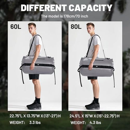 MIER Large Waterproof Duffel Bag - 60L/80L Dry Bag Backpack | Detachable Backpack Straps; Multi-Pockets; Roll-Top with Hook-and-Loop Closure; Motorcycle, Kayaking, Gym, Beach, Boating - color: Gray, size: 60L