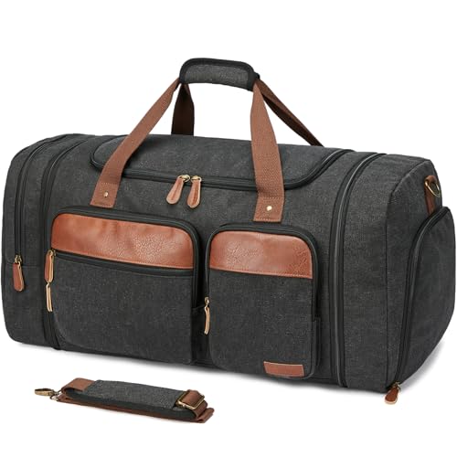 Canvas Duffle Bag for Travel 65L Expandable, Dark Grey | Travel Duffel Bags for Men Women, Overnight Weekend Gym Bag with Shoes Compartment - color: Dark Grey, size: Extra Large 65 L