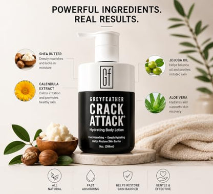 Greyfeather Crack Attack Hydrating Body Lotion for Dry Cracked Skin – Fast Absorbing, Mint Scented, Non-Greasy Moisturizer with Aloe, Shea Butter – Heals Hands, Feet, Elbows, Full Body Repair - size: 9 Fl Oz (Pack of 1)