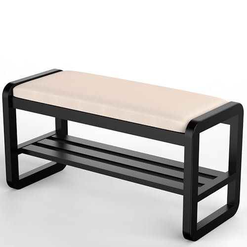 Solid Wood Shoe Rack, 2 Tier Shoe Storage Bench with Cushion Seat, 10 Pair Shoe Organizer for Entryway, Black, 39 Inch - color: Black, size: 39.37*14.17*16.54