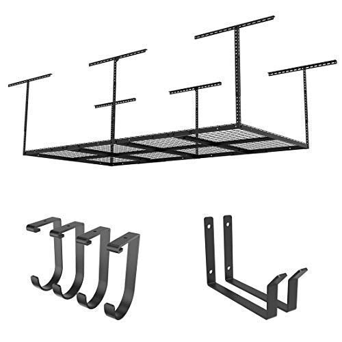 FLEXIMOUNTS 4x8 Overhead Garage Storage Rack with Hooks, 2 Pack, Black | 6 Hooks included, 750 lb Capacity, 22–40 inch Adjustable height, Heavy-duty steel, Garage organization, Classic Series - color: Black