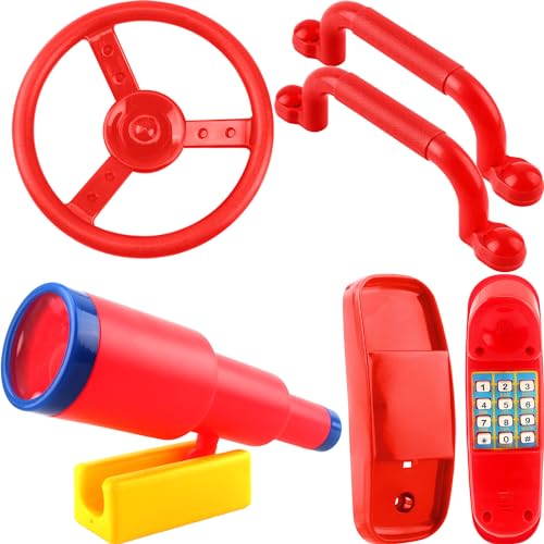 5 Pack Kids Playground Accessories Set Swingset Steering Wheel Plastic Telescope Safety Handles Telephone Toy for Outdoor Playhouse Playset (Color Set 3) - color: Color Set 3