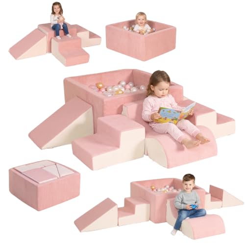 STAOLENE 6PCS Soft Foam Climbing Blocks for Toddlers | Indoor Foam Play Set with Ball Pit (No Balls), Beige & Pink Climbing Toys for Toddler, Crawl and Slide Sensory Activity Gym - color: Beige Pink