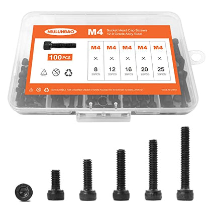 M4 x 8mm 12mm 16mm 20mm 25mm Hex Socket Head Cap Screws Bolts, 12.9 Grade Alloy Steel, Black Oxide Finish, Allen Hex Drive, Metric Machine Fully Threaded, Assortment Kit 100PCS - size: M4 x 8/12/16/20/25mm (100PCS)