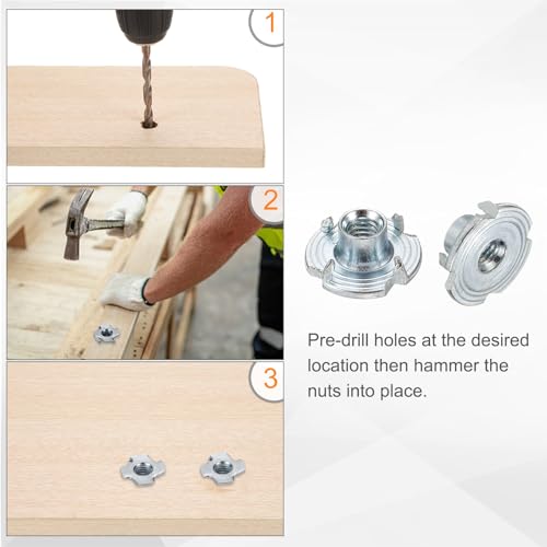 HARFINGTON M4x6mm T-Nuts 4 Pronged Tee Nut 0.57" x 0.24" Fully Thread Carbon Steel Inserts for Wood, Rock Climbing Holds, Cabinetry, Furniture 50pcs - size: M4x6mm