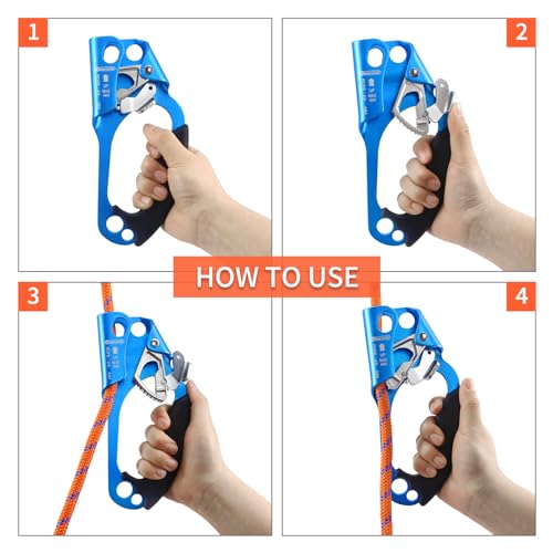 UIAA & CE Certified Hand Ascender Rock Climbing Tree Arborist Rappelling Gear Equipment Rope Clamp for 8~13MM Rope - color: Blue-Right