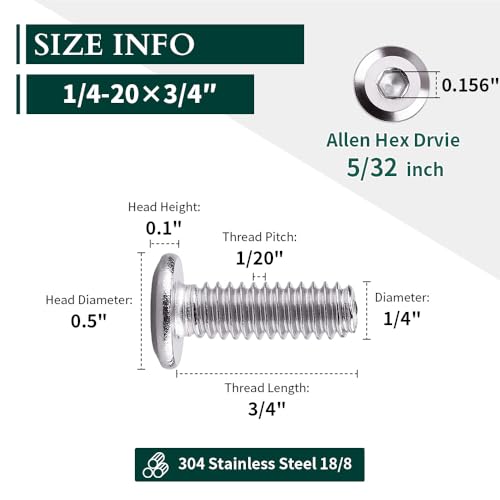 1/4-20 x 3/4" Hex Socket Head Cap Screws, 304 Stainless Steel 18-8, Chamfered Countersunk Machine Screws for Furniture, Binding, Machinery, Automotive, DIY Projects, 25 PCS - size: 1/4-20 x 3/4"