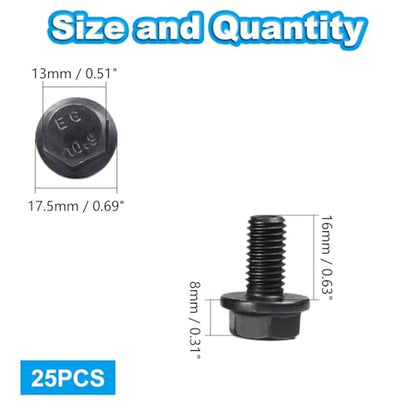 M8-1.25 X 16mm Flanged Hex Head Bolts Flange Hexagon Screws, External Flange Hex Drive Screws,Class 10.9 Black Finish,Alloy Steel, Fully Threaded, 25 PCS - size: M8x16mm