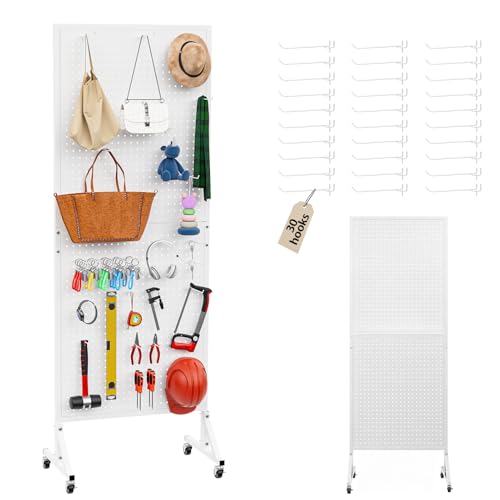 2 x 5.5 FT Metal Pegboard Display Stand with Wheel & Leveling Feet | Peg Board Panels Display Rack with 30 Hooks for Retail Store, Craft Show, Garage, Jewelry Organizer, White - color: White