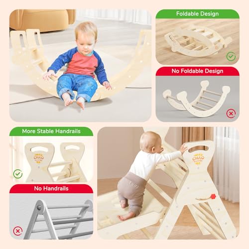 Pikler Triangle Set with Cushion, Wooden Toddler Climbing Toys Indoor | 8-in-1 Montessori jungle gym, foldable pikler triangle and wooden arch, birch plywood & beech round pole - color: Wood