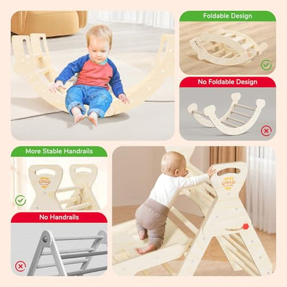 Pikler Triangle Set with Cushion, Wooden Toddler Climbing Toys Indoor | 8-in-1 Montessori jungle gym, foldable pikler triangle and wooden arch, birch plywood & beech round pole - color: Wood