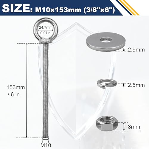 4 Pack M10 Stainless Steel Eye Bolts with Nuts, 3/8" x 6" Eye Bolts | 304 Stainless Steel Eye Bolt,Eye Bolts Heavy Duty for Hang Tie Down Outdoor,3/8 eye bolts with nuts,m10 eye bolts - size: M10x153mm (3/8"x6")