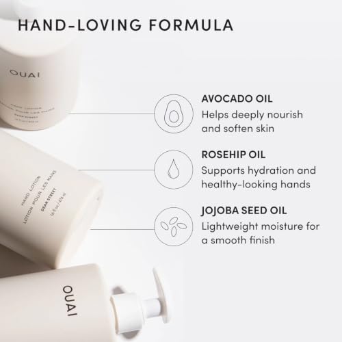 OUAI Hand Lotion - Daily, Lightweight, Hydrating Lotion for Dry Skin - Made with Avocado, Rosehip and Jojoba Oil to Lock in Moisture - Never Greasy (16 Fl Oz) - size: 16 Fl Oz (Pack of 1)