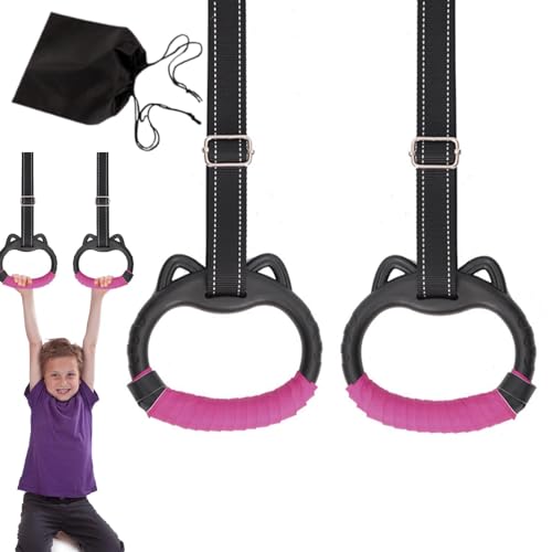 JIANWEI Gymnastics Rings Set for Kids, Professional Children Trapeze Bar Pull Up Rings with Straps Kids Playground Home Exercise Gym Rings with Drawstring Bag for Children Exercise(Pink)