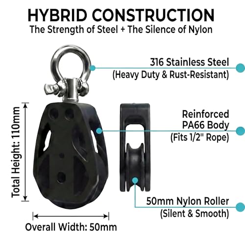 Helffer Single Pulley Block (35mm / 50mm), Lockable 360° Swivel & Heavy Duty Silent Nylon Wheel with T316 Stainless Steel Hardware for Gym Cable, Garage Hoist & Marine Rigging - size: 50mm Wheel, style: 1 Pack