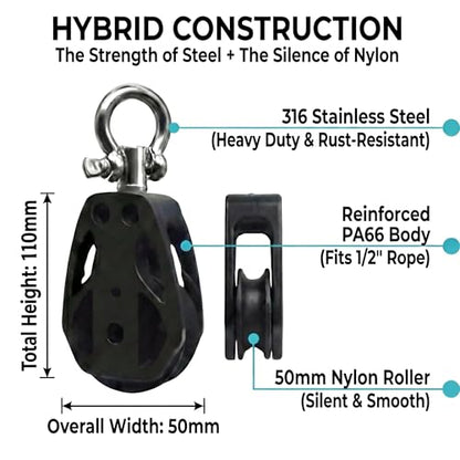 Helffer Single Pulley Block (35mm / 50mm), Lockable 360° Swivel & Heavy Duty Silent Nylon Wheel with T316 Stainless Steel Hardware for Gym Cable, Garage Hoist & Marine Rigging - size: 50mm Wheel, style: 1 Pack