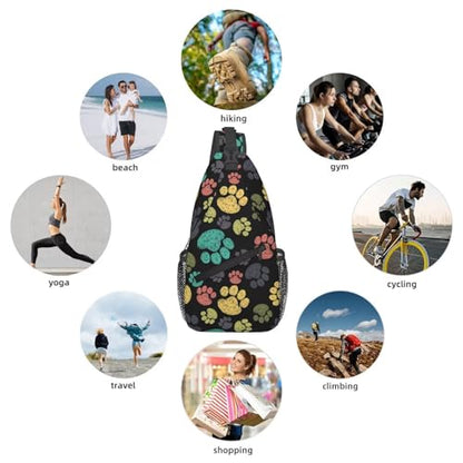 Colorful Paw Print Crossbody Sling Bags for Women Men Rainbow Puppy Dog Paws Doodle Style Travel Sling Backpack Casual Chest Shoulder Bag Cute Animal Footprint Gym Sports Hiking Daypack - color: Green Yellow