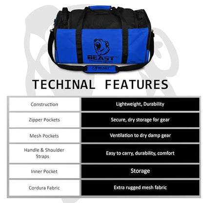 Beast Power Gear Gym Duffle Bag- Workout, Boxing, MMA, Sports Bag with Shoes Compartment and Adjustable Shoulder Strap for Men and Women (Blue/Black) - color: Blue/Black