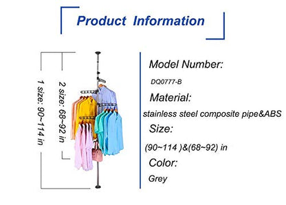 BAOYOUNI 4-Tier Standing Clothes Laundry Drying Rack Coat Hanger Organizer Floor to Ceiling Adjustable Metal Corner Tension Pole, Grey | Metal Corner Tension Pole，Floor to Ceiling Adjustable ， Space-Saving Laundry Organizer，No Drilling Required