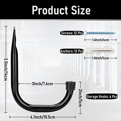 Garage Hooks, 6 Pack Heavy Duty Storage Hooks, 4.1Inch Garden Tool Utility Hooks, Fastening Hooks for Wall Mounting Load Capacity 45lbs - size: 5.5Inch x 4.1Inch
