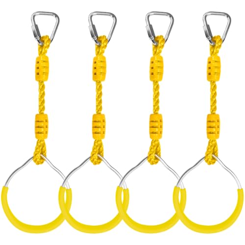 Swing Ninja Ring Indoor Outdoor Backyard PlaySet Fitness Gymnastic Training Equipment, 4 Pack Yellow Hanging Jungle Gym Fist Trapeze Monkey Bars Climbing Ring Ninja Warrior Obstacle Course Attachments - color: Yellow, size: 4 Pack