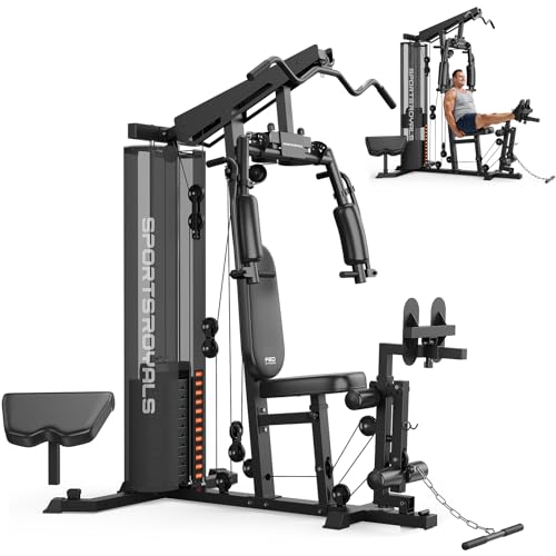 Sportsroyals Home Gym, Multifunctional Workout Station with Leg Press, 150LBS Weight Stack Full Body Workout Equipment for Home Exercise Fitness Strength Training - color: With Leg Press, Black