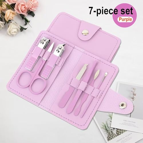 7 -Piece Manicure & Pedicure Kit with Portable PU Leather Case, Stainless Steel Nail Care Tools Set for Home & Travel (Pink/Purple/Green Options) - color: Purple